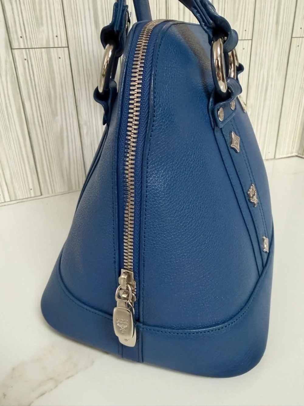 MCM Blue Leather Satchel Bag Gold Hardware Structured Top Handle Purse Dome Bag